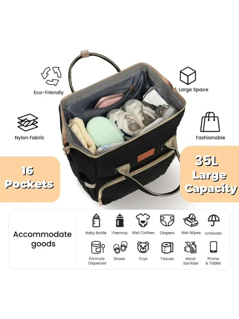 Stylish Waterproof Diaper Bag Backpack with Changing Pad & Pacifier Case - Large